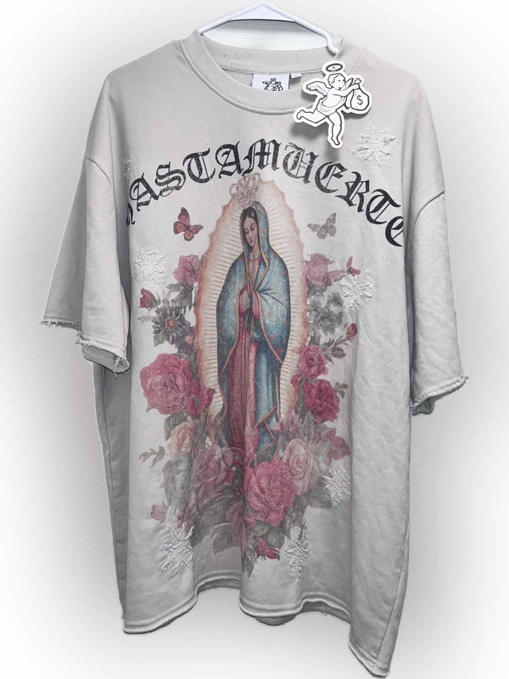 NWT Neimans XL thick towel fabric Graphic Virgin Mary Tee w/ Rose OVERSIZED FIT